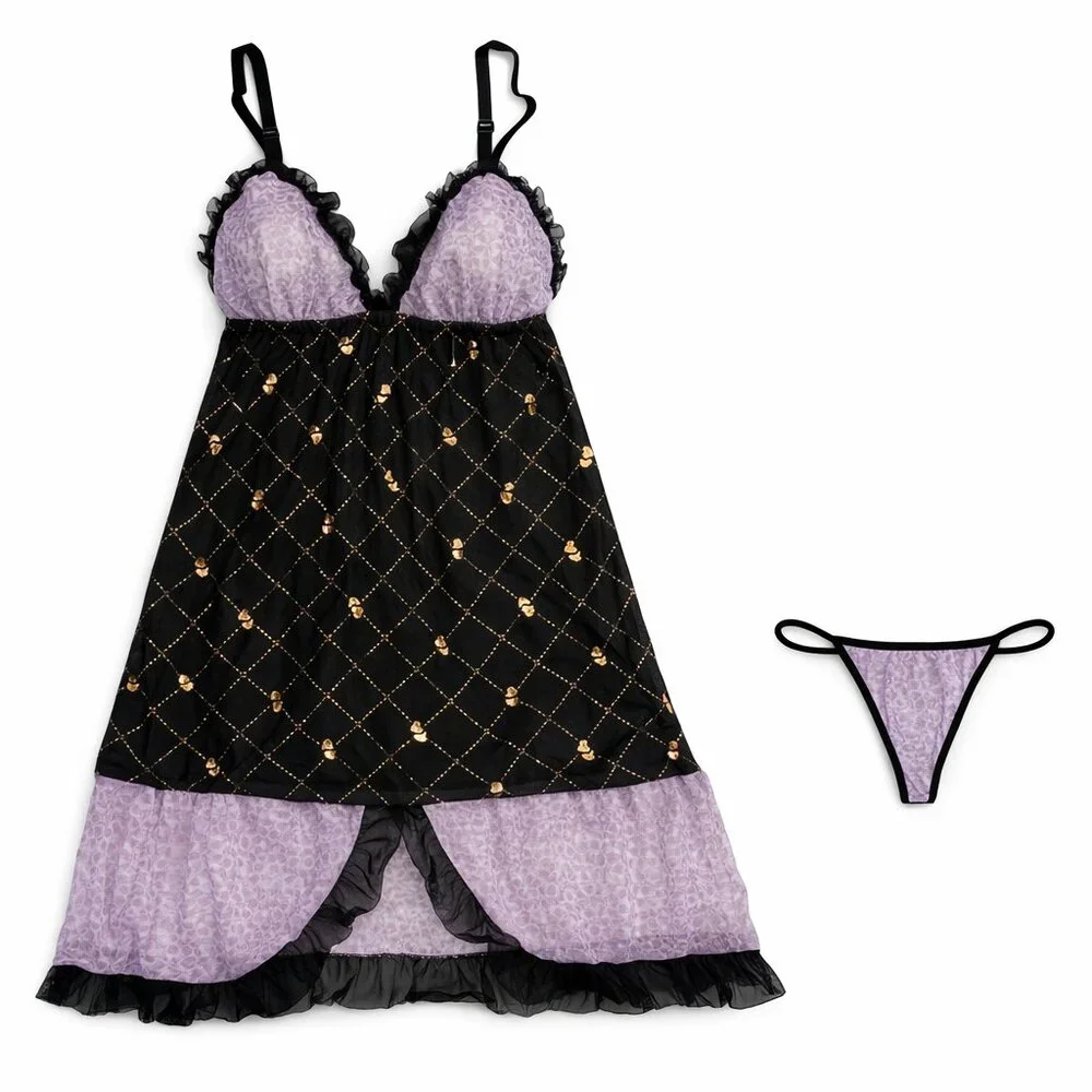 3/$30 Bundle • Lavender Black Gold Babydoll LS44 NWT